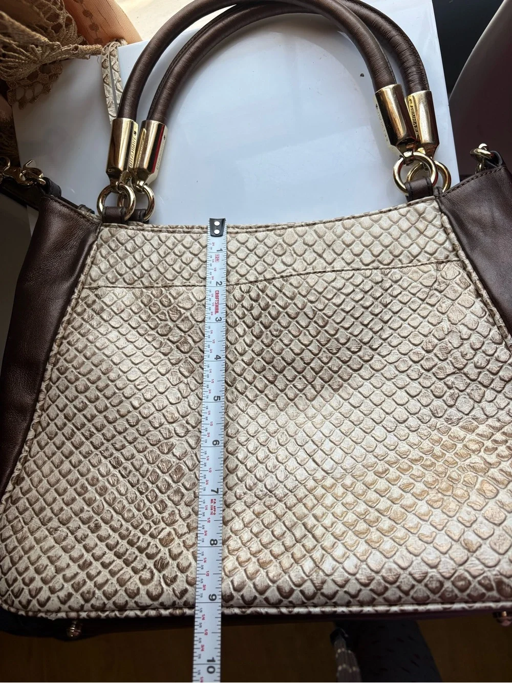 Brahmin Beige Brown Embossed Animal Print Shoulder Bag Zip Gold Dust Bag